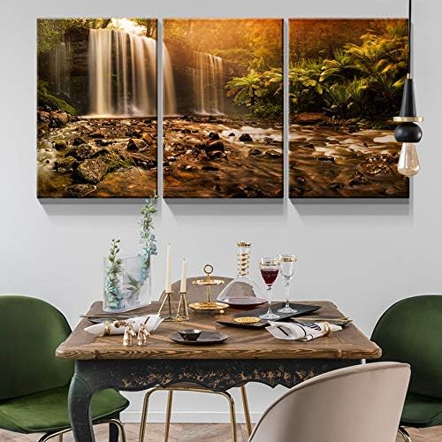 Brusheslife Canvas Wall Art: Serene Sunset Waterfall Creek Scene in 3 Panels