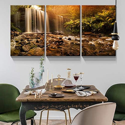 Brusheslife Canvas Wall Art: Serene Sunset Waterfall Creek Scene in 3 Panels