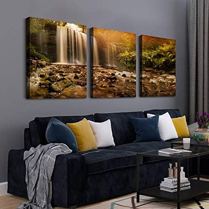 Brusheslife Canvas Wall Art: Serene Sunset Waterfall Creek Scene in 3 Panels