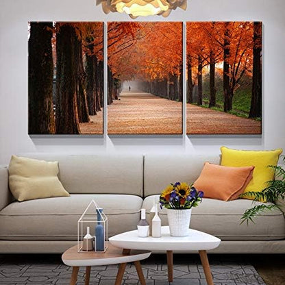 Brusheslife Canvas Wall Art: Triple Panel of Red Fallen Leaves on Trees