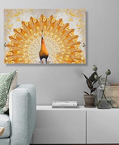 Brusheslife Peacock Canvas Wall Art: Yellow with Gold Tail - Painting Artwork Giclee Prints for Home Decor