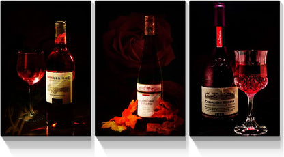 Brusheslife Kitchen Canvas Art: Triptych of Red Wine Bottles with Flowers