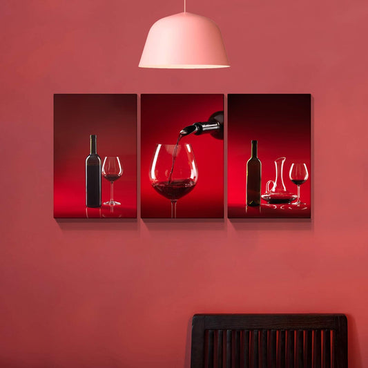 Brusheslife Triptych Art: Red Wine Bottle Canvas for Dining Room Elegance