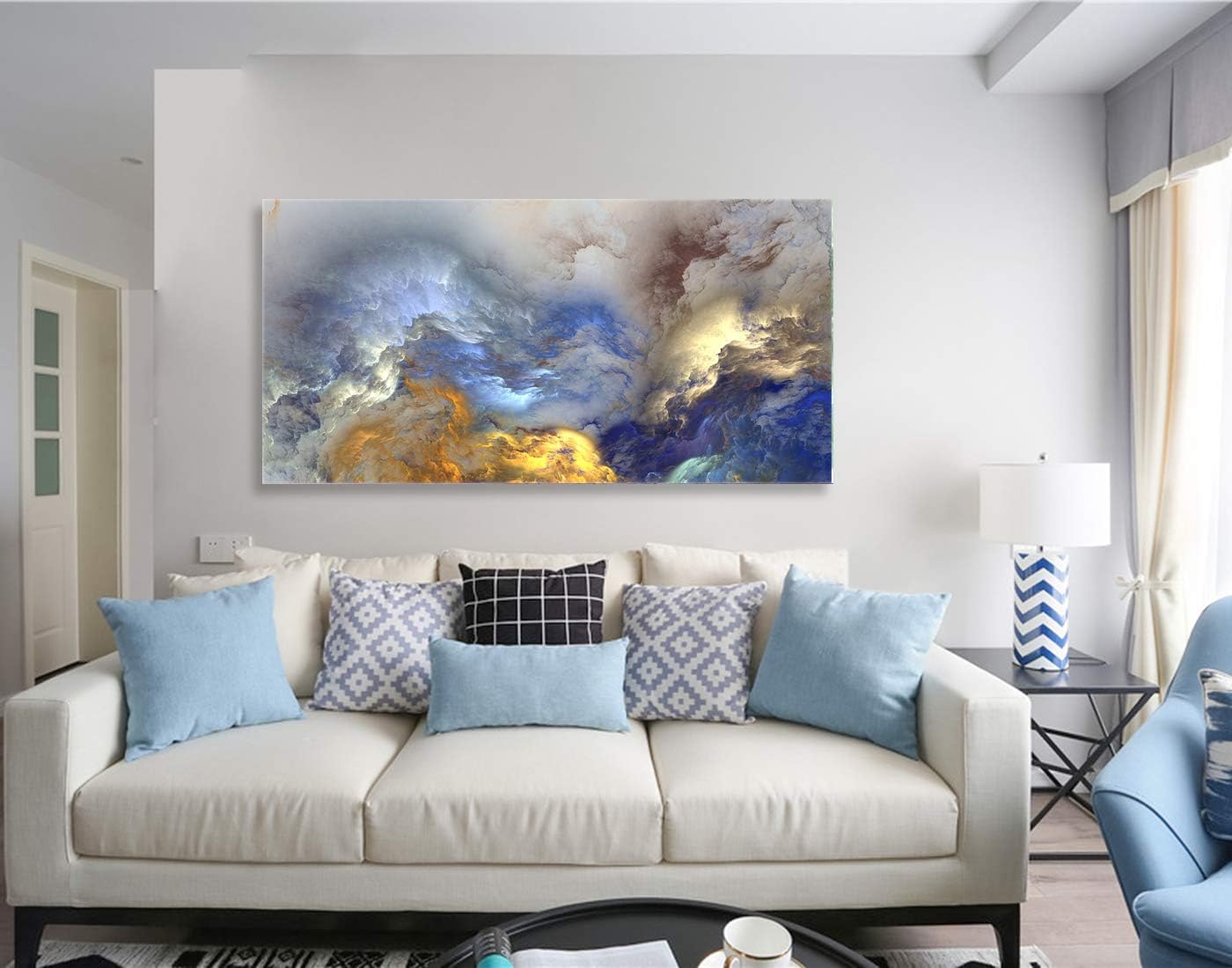 Brusheslife Abstract Wall Art - Blue and Gold Smoke Clouds Texture for Elegant Home Decor