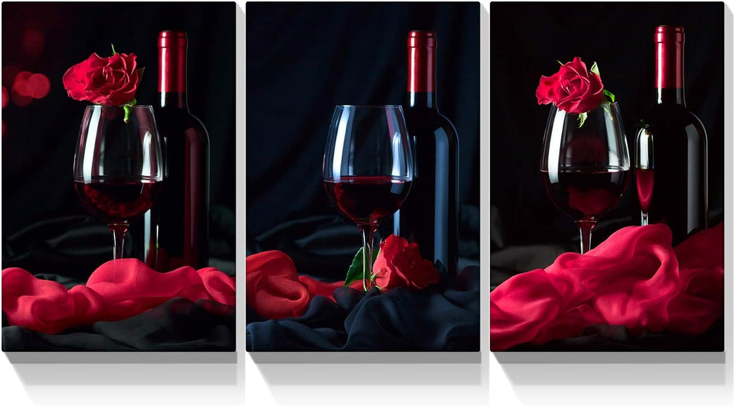 Brusheslife Triptych Art: Red Wine Bottle Canvas for Dining Room Elegance