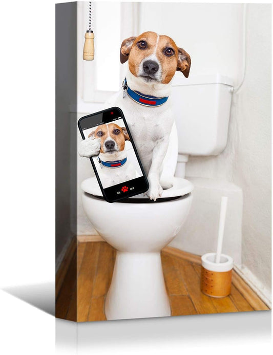 Brusheslife Bathroom Wall Art - Humorous Dog on Toilet Portrait for Home Decor