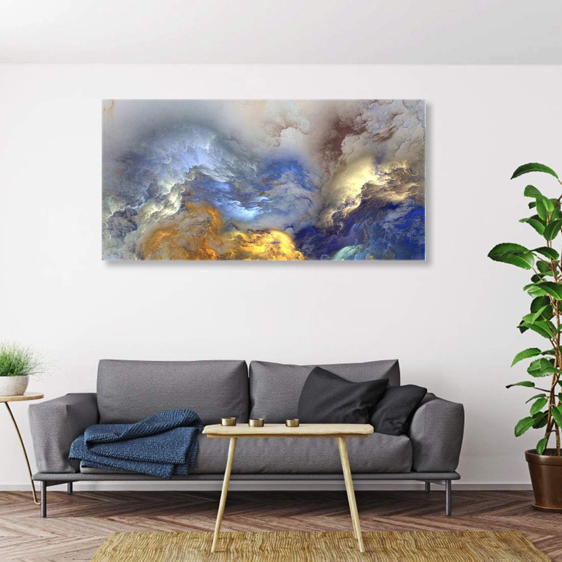 Brusheslife Abstract Wall Art - Blue and Gold Smoke Clouds Texture for Elegant Home Decor