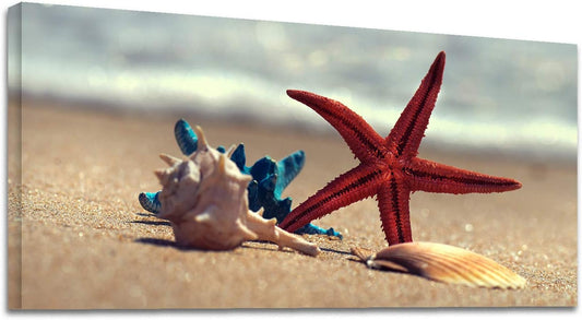 Looife Ocean Theme Canvas Wall Art, 48x24 Inch Starfish and Conch on Beach at Sunset Picture Prints Wall Decor, Nature Scenery Painting Wall Deco Ready to Hang