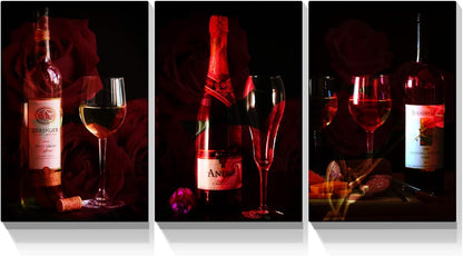 Brusheslife Triptych Art: Red Wine Bottle Canvas for Dining Room Elegance