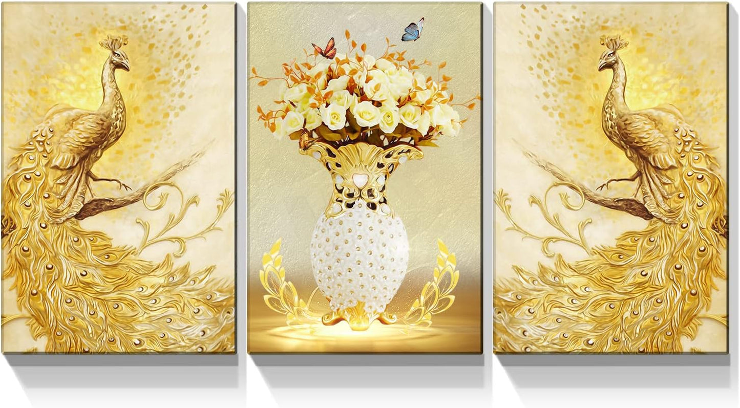 Brusheslife Peacock Wall Art: Luxurious Yellow Couple with Flower Vase