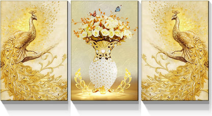 Brusheslife Peacock Wall Art: Luxurious Yellow Couple with Flower Vase