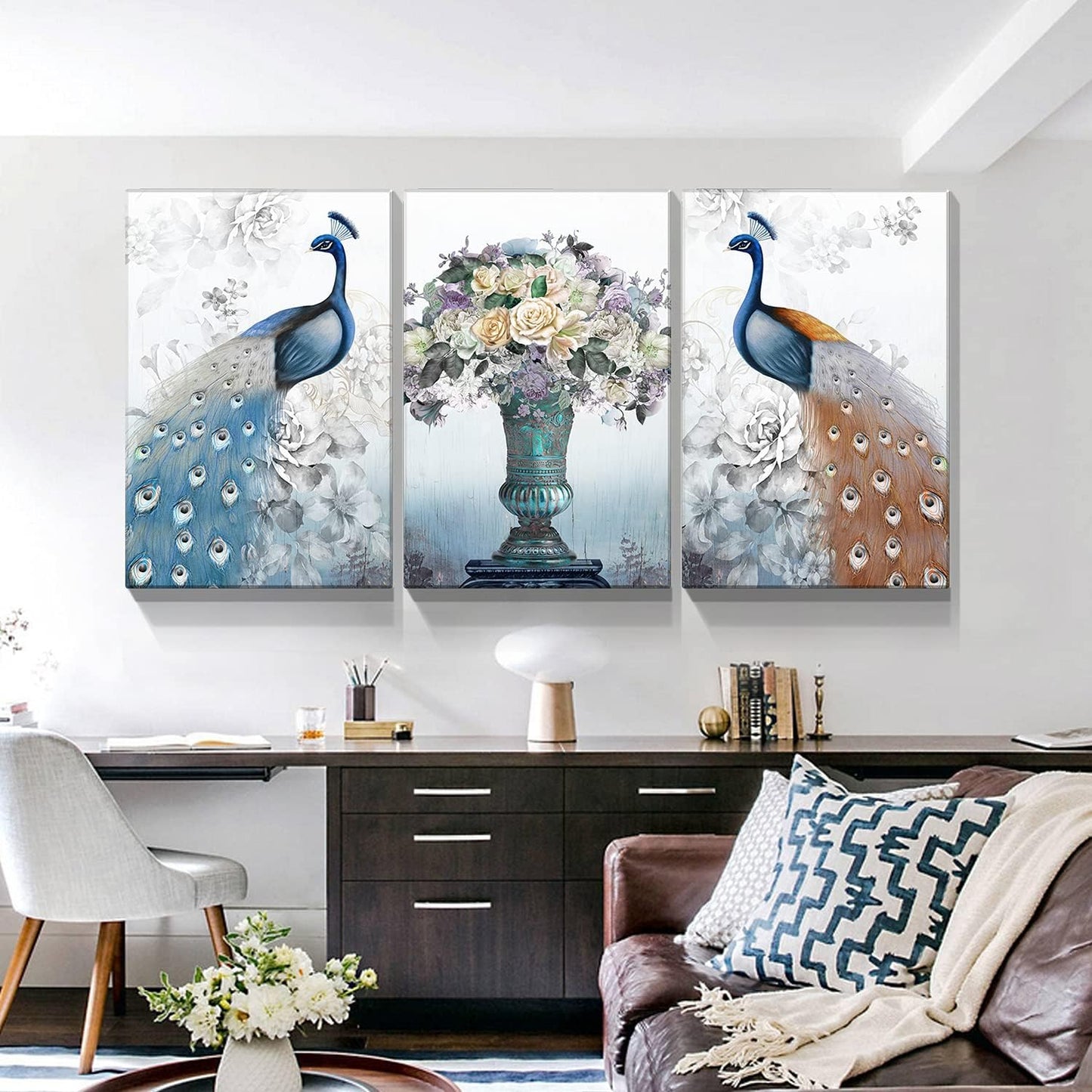 Brusheslife Peacock Wall Art: Vintage Blue Animal with Flowers - 3-Piece Set