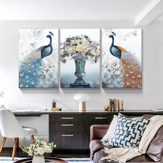 Brusheslife Peacock Wall Art: Vintage Blue Animal with Flowers - 3-Piece Set