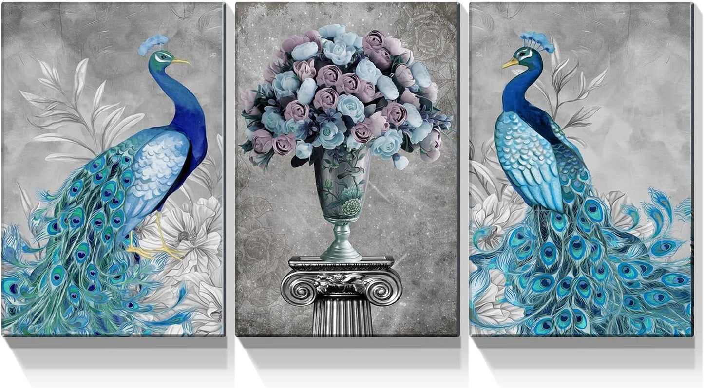 Brusheslife Peacock Art: Vintage Blue Couple with Flower Vase in 3-Panel Canvas