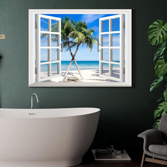 Brusheslife Window Art: Ocean View Canvas with Framed Palm Tree