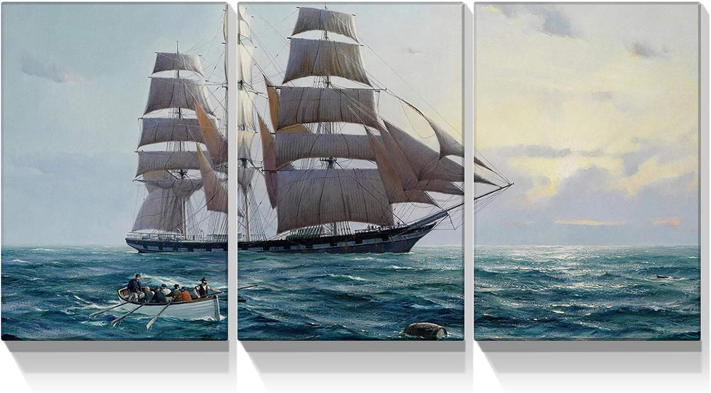 Brusheslife Ocean Theme Triptych - Sailboat Canvas Wall Art for Home Deco Set