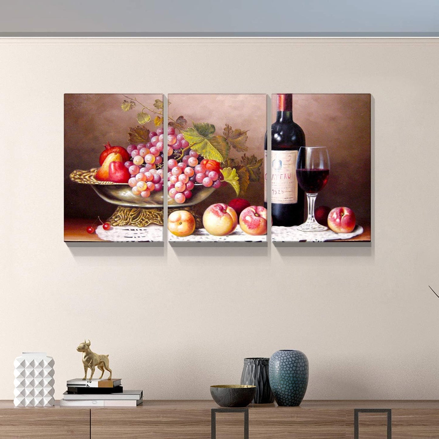 Brusheslife Kitchen Canvas Art: Triptych of Red Wine Bottles with Flowers