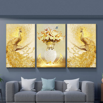 Brusheslife Peacock Wall Art: Luxurious Yellow Couple with Flower Vase