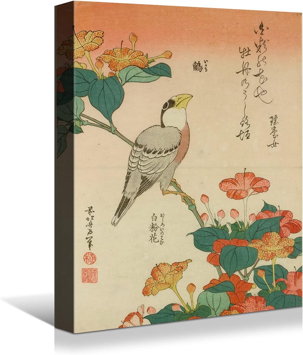 Brusheslife Japanese Art Reproduction - Katsushika Hokusai Inspired Plants and Birds Canvas Wall Art