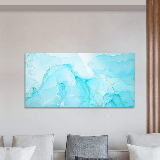 Brusheslife Marble Effect Wall Art - Light Blue and Gold Abstract Canvas for Elegant Home Decor