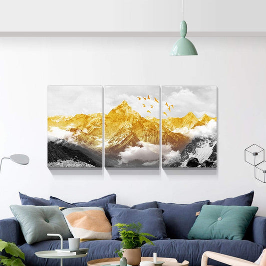 Brusheslife Abstract Art: 3-Panel Black and White Mountain with Gold Peak