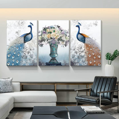 Brusheslife Peacock Wall Art: Vintage Blue Animal with Flowers - 3-Piece Set