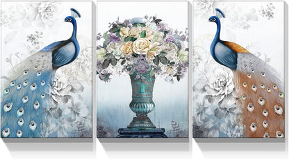 Brusheslife Peacock Wall Art: Vintage Blue Animal with Flowers - 3-Piece Set