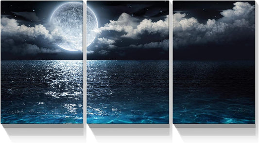 Looife 3 Panels Nature Scenery Canvas Wall Art, 24x32 Inch 3 Pieces Blue Ocean under Moonlight Picture Prints Artwork Wall Decor, Gallery Wrapped Triptych Home Deco Set for Bedroom, Living Room