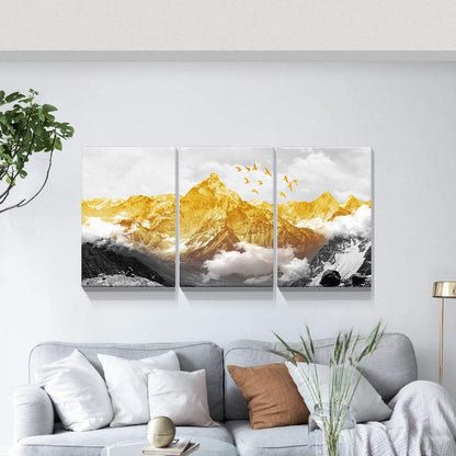 Artistic Trio: Brusheslife Canvas Art of Mountains with Gold Highlights