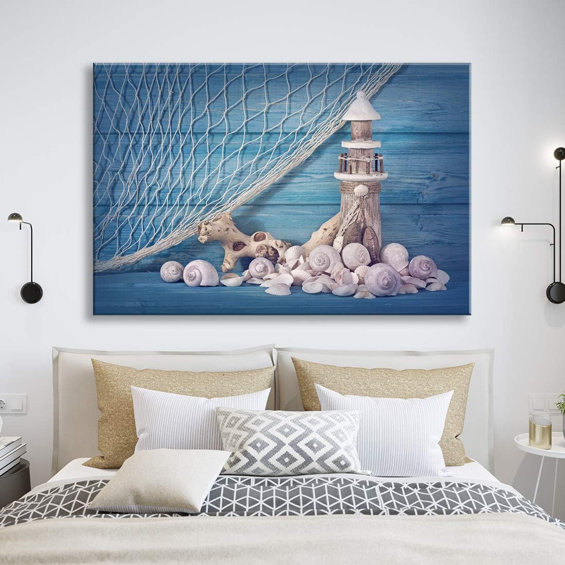 Brusheslife Ocean Theme Wall Art - Conch and Seashell on Blue Wood Board for Coastal Wall Decor