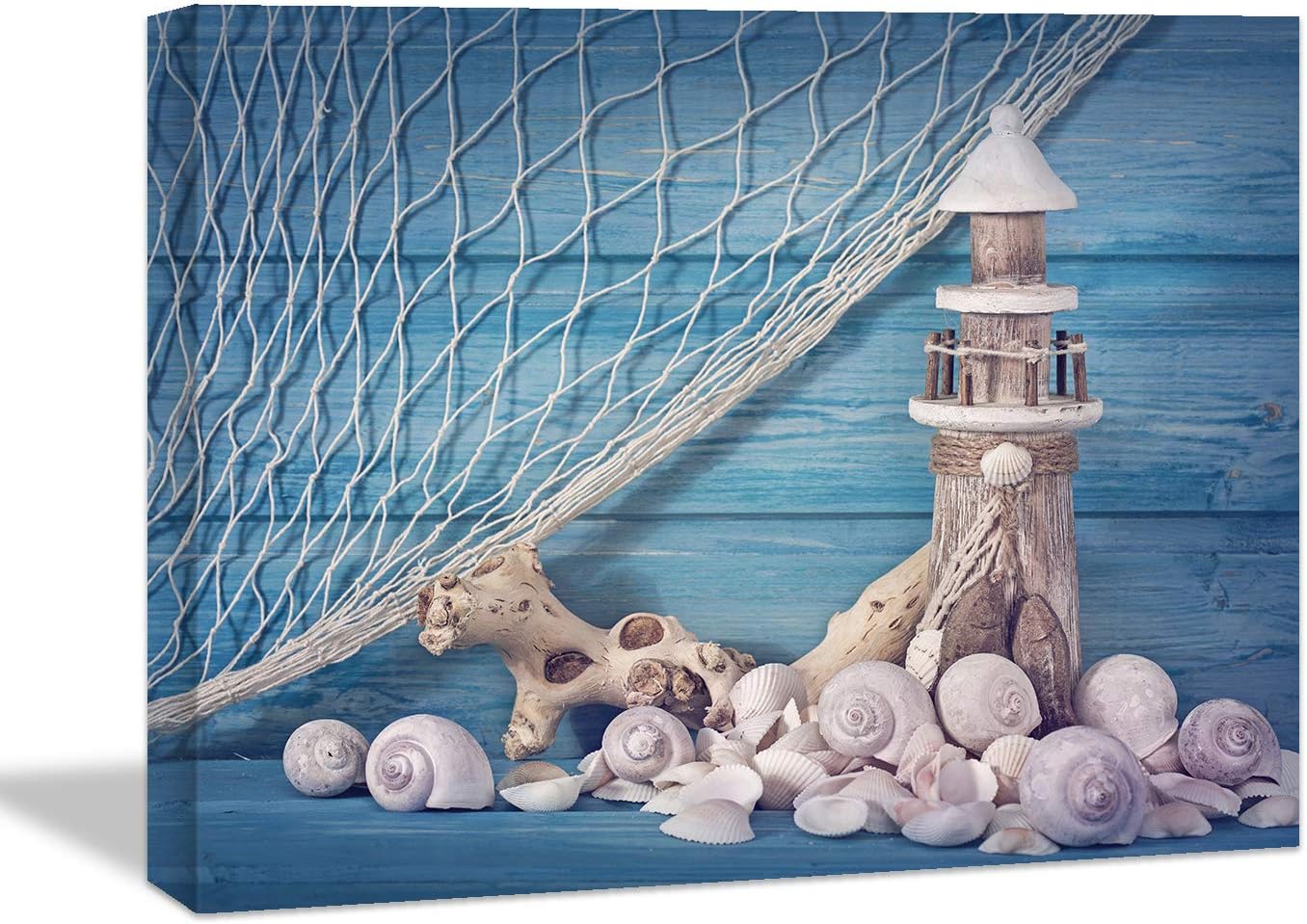 Brusheslife Ocean Theme Wall Art - Conch and Seashell on Blue Wood Board for Coastal Wall Decor