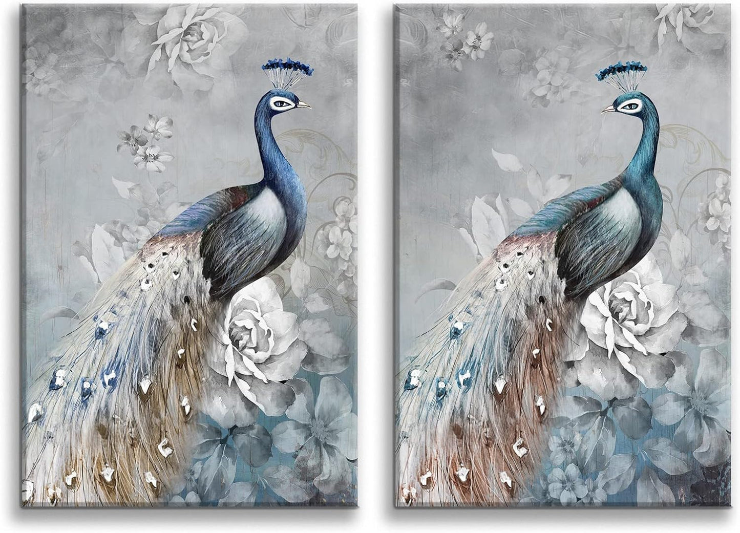 Brusheslife Peacock Art: Vintage Blue Tail on Grey Canvas Wall Decor