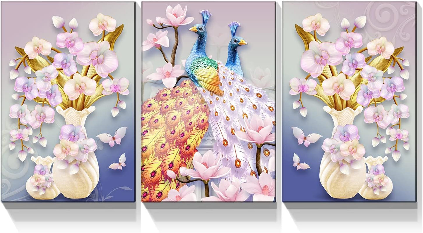 Brusheslife Peacock Wall Art: Luxurious Yellow Couple with Flower Vase