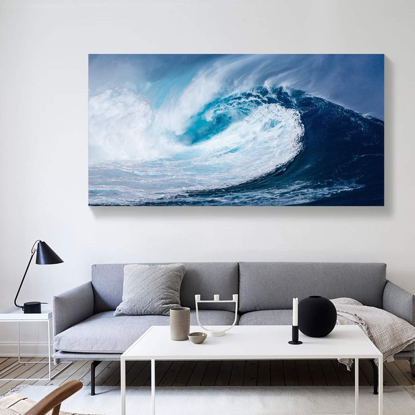 Looife 48x24 Inch Canvas Prints Wall Art-Blue and White Huge Sea Waves Picture Wall Decor, Ocean Scenery Giclee Artwork Home Decoration Ready to Hang