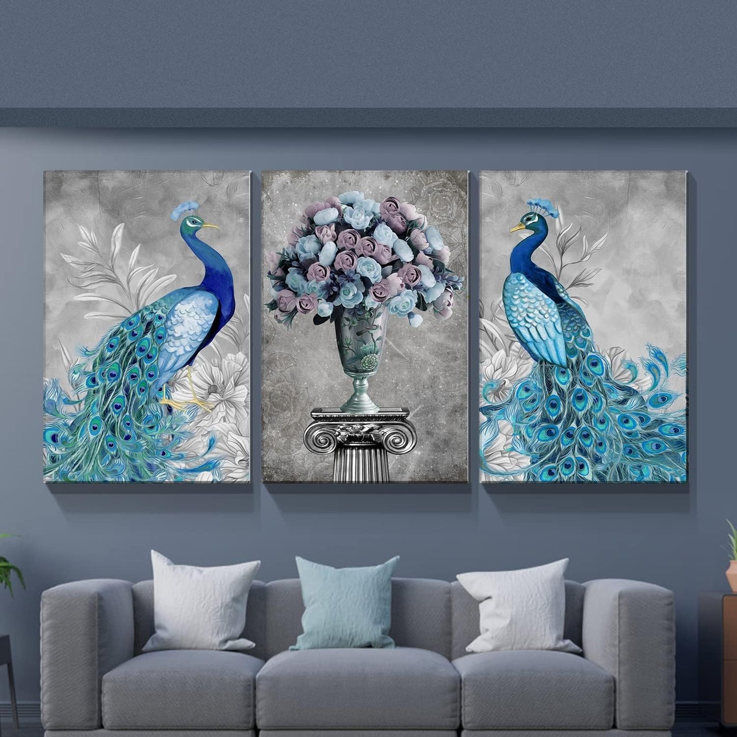 Brusheslife Peacock Art: Vintage Blue Couple with Flower Vase in 3-Panel Canvas