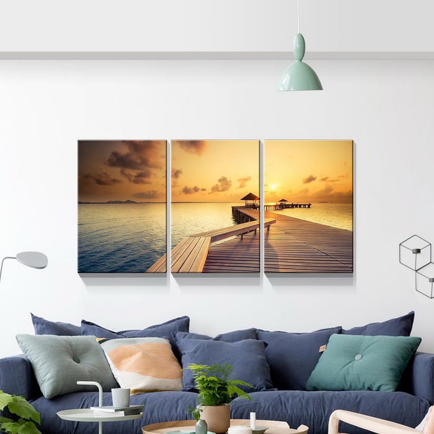 Brusheslife Seascape Wall Art - 3 Panel Sunset and Wooden Bridge Canvas for Home Decor