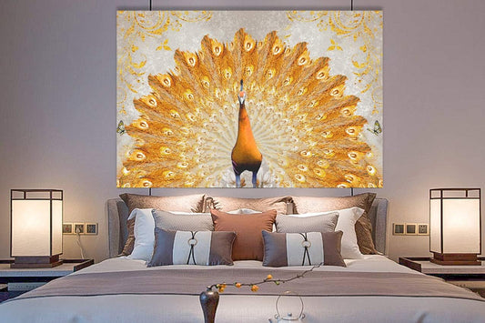 Brusheslife Peacock Canvas Wall Art: Yellow with Gold Tail - Painting Artwork Giclee Prints for Home Decor