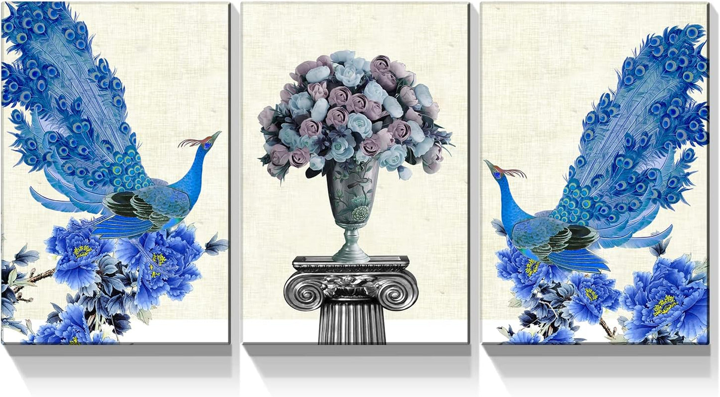 Brusheslife Peacock Art: Vintage Blue Couple with Flower Vase in 3-Panel Canvas