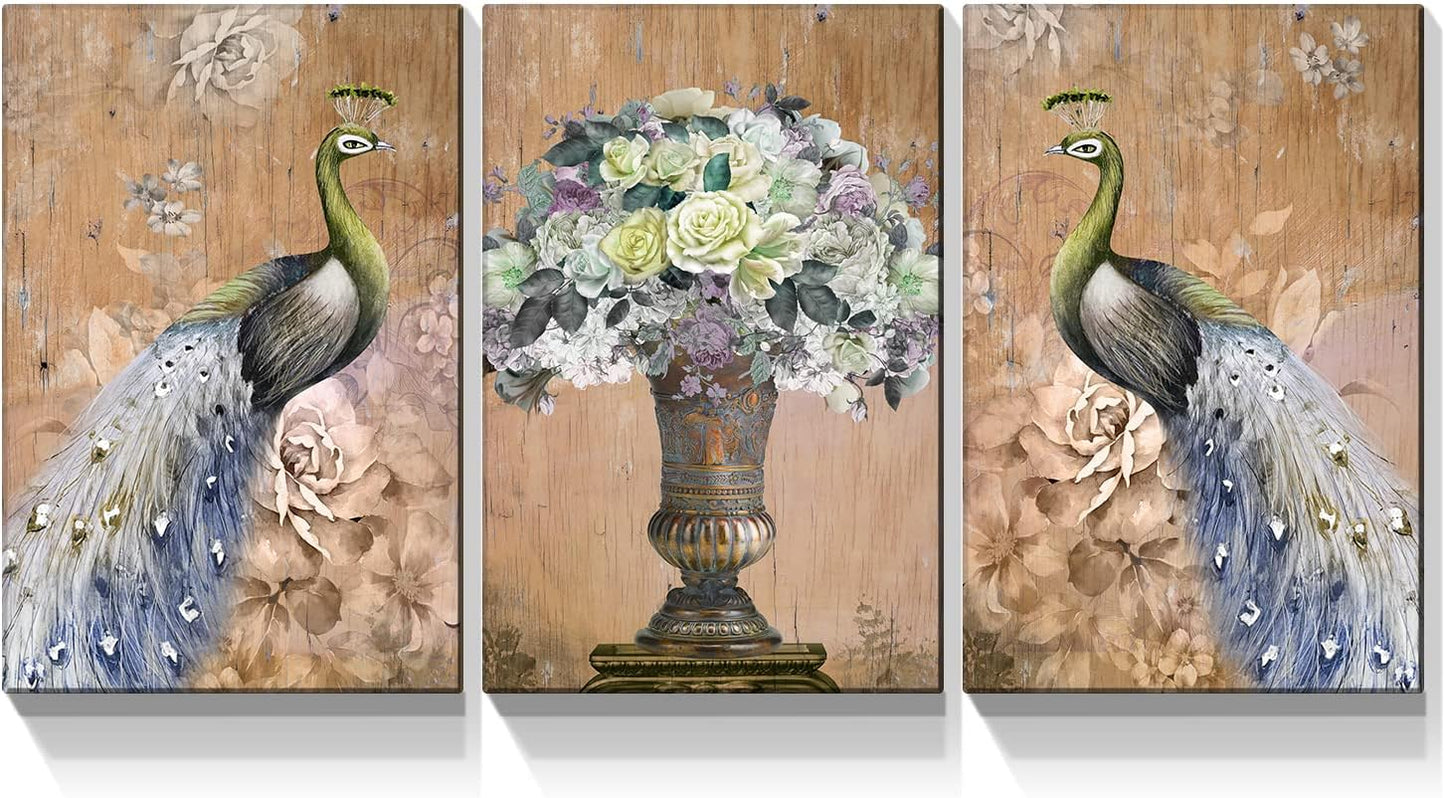 Brusheslife Peacock Wall Art: Luxurious Yellow Couple with Flower Vase