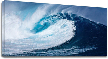 Looife 48x24 Inch Canvas Prints Wall Art-Blue and White Huge Sea Waves Picture Wall Decor, Ocean Scenery Giclee Artwork Home Decoration Ready to Hang