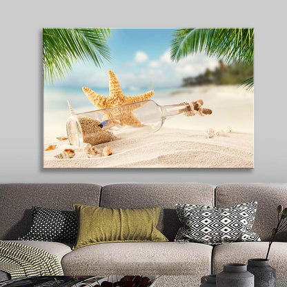 Brusheslife Ocean Theme Wall Art - Conch Seashell and Palm Tree Beach Scene Canvas Decor