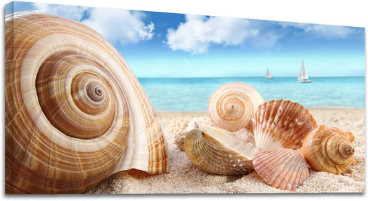 Looife Ocean Theme Canvas Wall Art, 40x20 Inch Seashell and Conch on Beach Under Blue Sky Picture Prints Wall Decor, Nature Scenery Painting Wall Deco Ready to Hang