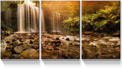 Brusheslife Canvas Wall Art: Serene Sunset Waterfall Creek Scene in 3 Panels