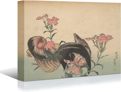 Brusheslife Japanese Art Reproduction - Katsushika Hokusai Inspired Plants and Birds Canvas Wall Art