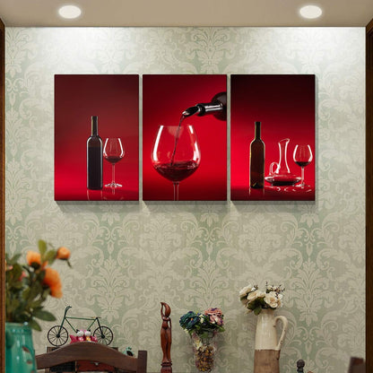 Brusheslife Triptych Art: Red Wine Bottle Canvas for Dining Room Elegance