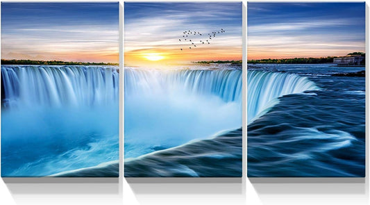 Looife 3 Panel Canvas Wall Art for Living Room - 3 Piece 16x24 Inch Blue and White Waterfall in the Sunset Artwork Prints Landscape Picture Wall Decor