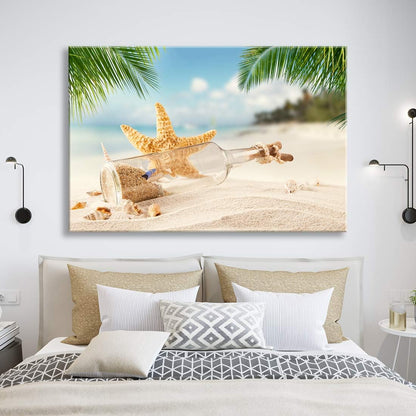 Brusheslife Ocean Theme Wall Art - Conch Seashell and Palm Tree Beach Scene Canvas Decor