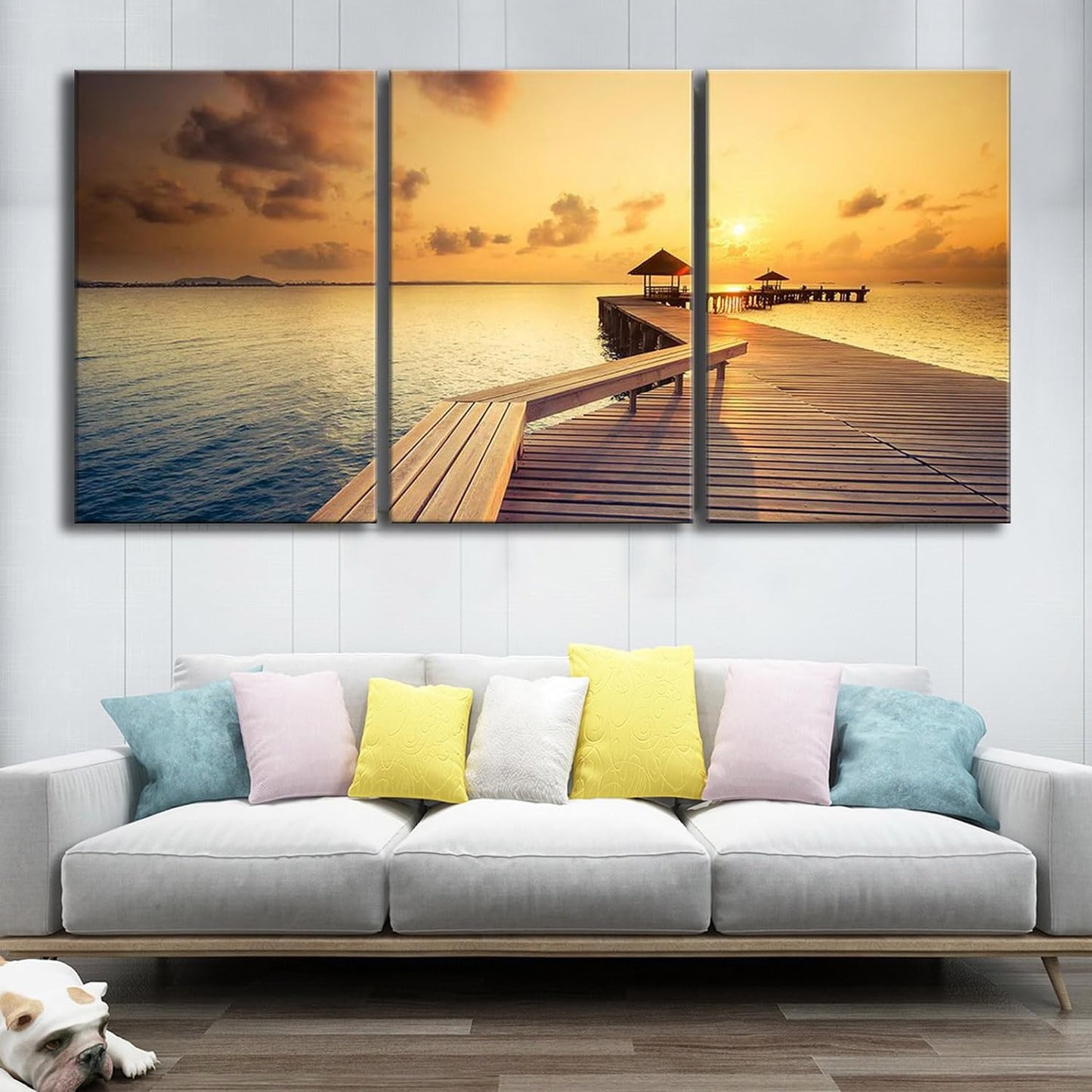 Brusheslife Seascape Wall Art - 3 Panel Sunset and Wooden Bridge Canvas for Home Decor