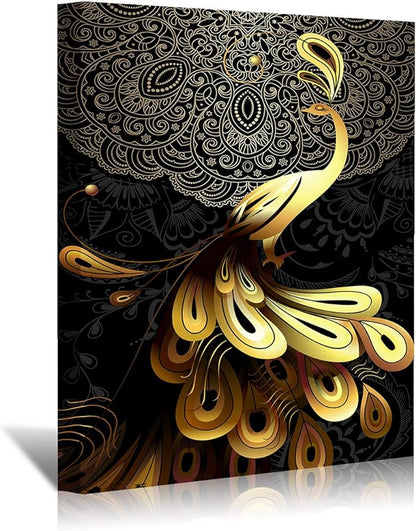 Brusheslife Peacock Canvas Wall Art: Luxurious Black and Gold Tail Feather - Giclee Prints for Living Spaces