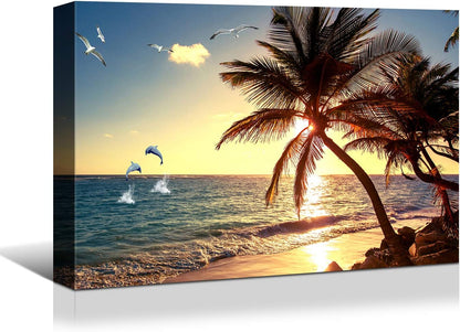 Brusheslife Canvas Art: Tropical Palms at Sunset Seascape